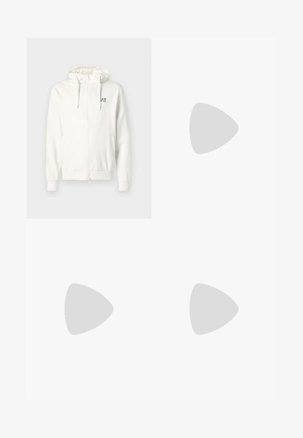Sweatshirt branca com fecho éclair, feita de um tecido suave. Apresenta um capuz com cordão, punhos elásticos e um pequeno logo impresso no peito.; Camiseta de algodão azul marinho com mangas curtas, gola redonda e um pequeno logótipo branco bordado no lado esquerdo do peito. Textura suave.; Calções de desporto pretos com uma camada interna ajustada, cintura elástica e detalhe de logótipo na perna inferior esquerda. Feitos de tecido leve.; Sapatilha branca com um acabamento liso, detalhes texturizados azuis à volta do colarinho e uma sola espessa. Apresenta cordões redondos e um design de cano baixo.