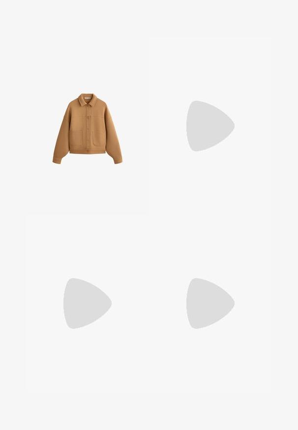Jachetă oversized maro, cu guler, două buzunare frontale și închidere cu nasturi. Țesătură moale cu o textură netedă și cusături minime.; Tricou negru cu mânecă scurtă, confecționat dintr-un material moale, cu guler rotund și o croială lejeră, având o textură fină și fără modele.; Leggings negre din material elastic, cu un design ajustat, construcție fără cusături și o textură netedă, fără modele vizibile.; Pantof cu aspect sport de culoare neagră, cu un superior texturat, trei dungi argintii și o talpă de amortizare distinctivă, ce prezintă multiple secțiuni integrate.
