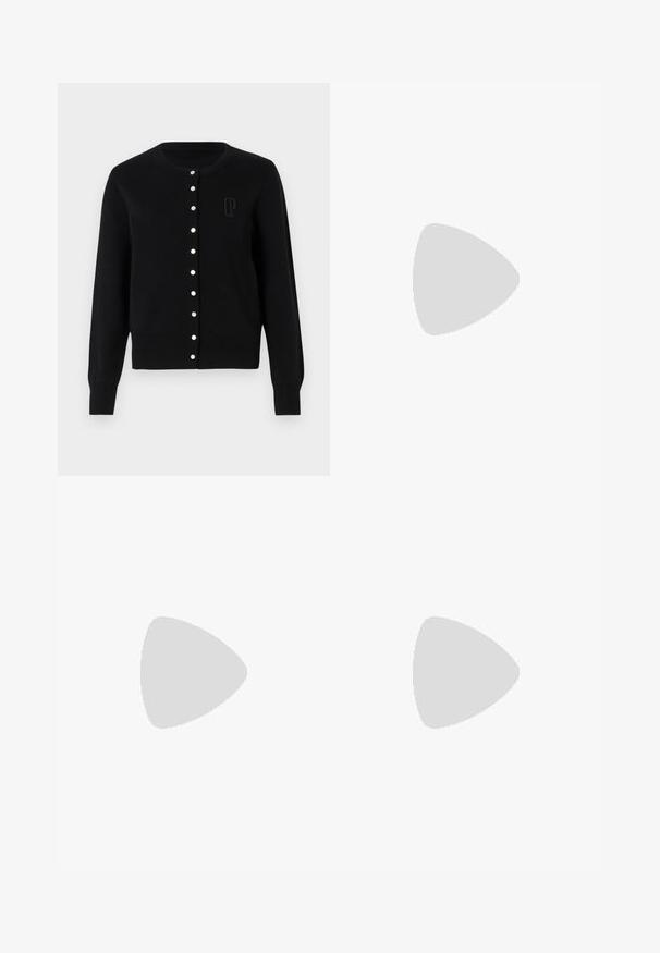 Black cardigan made of knitted fabric. Features a round neckline, button closure with white accents, and ribbed cuffs. Embroidered logo on chest.; Black dress featuring a fitted, ribbed bodice with thin straps and a flared, gathered skirt. The fabric is smooth with a matte finish.; Light blue ribbed tank top with small black dots, featuring a round neckline and wide shoulder straps. Tag on neckline reads "CLAUDE."; Black leather loafers with a stitched pattern, smooth texture, gold buckle detail, and a rounded toe, set on a low black sole.