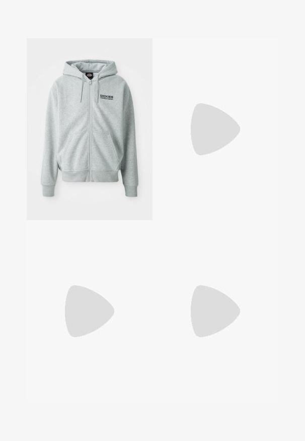 Gray zip-up hoodie made of soft fabric, featuring a kangaroo pocket, adjustable drawstring hood, and "Dickies Workwear Company" logo on the chest.; Navy blue cotton crew-neck t-shirt featuring a white "Dickies Workwear Company" logo on the left chest, with short sleeves and a relaxed fit.; Puma PLAY PARIS TRACK PANTS - Tracksuit bottoms - black; Black athletic shoe with a textured knit upper, gray speckled midsole, and red-accented air unit. Features laces and a looped heel tab.