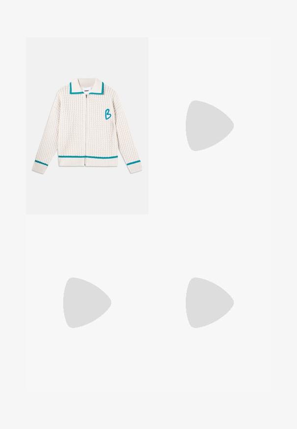 Knit cardigan in cream with a textured pattern. Features a zip front, turquoise collar and hem accents, and an embroidered letter "B."; Navy blue t-shirt made of soft fabric, featuring a round neckline and short sleeves, with a relaxed fit and no visible patterns or accents.; Light blue wide-leg jeans with a faded wash, featuring single-button closure, five pockets, and contrasting stitching.; Brown suede slip-on shoe featuring light blue decorative embroidery, a low profile, and a beige rubber sole with textured grip.; Brown leather handbag with a textured finish, rectangular shape, fold-over flap, adjustable strap, and metallic clasp detail.