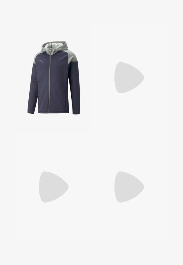 Námornícka modrá mikina na zips s šedou kapucňou a ramennými akcentmi, s jemným logom, bočnými vreckami a hladkou textúrou tkaniny.; Čierne bavlnené tričko s krátkymi rukávmi, s bielym logom Puma na ľavej hrudi. Klasický okrúhly výstrih a hladká textúra.; Čierne športové šortky vyrobené z ľahkej tkaniny, so elastickým pásom a malým bielym logom Puma na ľavej strane.; Svetlo modrá bežecká obuv s čiernym logom, hrubou bielou podrážkou a čiernym vnútorným podšitím, zobrazená z boku na bielom pozadí.