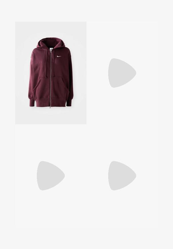 Bordo Nike kapuutsiga pusa, millel on ees lukk, suur kapuuts, ees taskud ja väike valge logo vasakul rinnal. Pehme kangas rööpkudega varrukatel.; Lühikeste varrukatega, ümar kaelusega T-särk taupe värvuses, valmistatud siledast puuvillast. Omab istuvat disaini ning peeneid õmblusi hemmi ja varrukate ääres.; Laiad tumehallid püksid kerge kangast. Omavad elastset vöökohta ja puhtaid, minimalistlikke jooni.; Valged ja hõbedased Nike tennisajalatsid, millel on võrgukangas, peegeldavad detailid ja beež tald. Kantud mustade sokkidega, seisab sinisel pinnal.