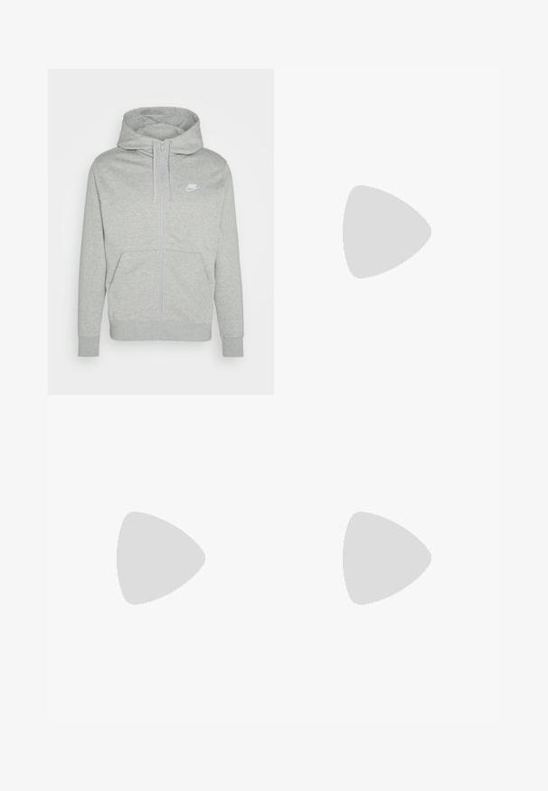 Pelēks rāvējslēdzēja kapuci izgatavots no mīkstas auduma. Iespējas ietver priekšējo kabatu, regulējamu kapuci un mazu balto Nike logo uz krūtīm.; Pelēka īsām piedurknēm T-kreklā, kas izgatavots no kokvilnas, ar melnu Nike logotipu uz krūtīm un apaļu dekoltē. Minimalistiska dizaina bez rakstiem.; Pelēki bikses no teksturēta auduma, ar klasiska dizaina pogu aizdari un taisnu kāju griezumu.; Melni Nike Air Force 1 apavi ar gludu ādas virsu, perforētu purngalu gaisa caurlaidībai, melnām šņorēm un teksturētu gumijas zoli.