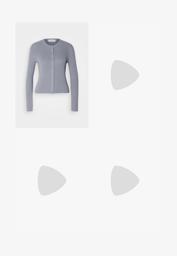 Grey knitted cardigan with long sleeves, round neckline, and button closure. Uniform texture and shape, featuring matching buttons along the front.; Marc O'Polo DRESS TANK STYLE FEMININE SHAPE MIDI LENGTH CUTLINES - Day dress - deep blue sea; Tan leather cowboy boot with pointed toe, embroidered swirl patterns on shaft, and a stacked block heel. Features a pull tab for easy wear.; Silver hoop earrings with a smooth, polished finish. Round shape and secure click-top closure. Lightweight design suitable for everyday wear.