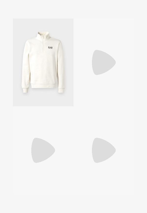 Cream-colored quarter-zip sweatshirt with long sleeves and EA7 Emporio Armani logo on the left chest against a plain background.; White, short-sleeve polo shirt made of synthetic fabric. Features a collared neckline and a black Nike logo on the left sleeve.; White trousers featuring a smooth fabric, slim fit design, and a flat front. No visible pockets or patterns. Clean hem at the ankles.; White athletic shoe with red accents, mesh upper, and cushioned sole featuring ventilation holes and a logo on the side.
