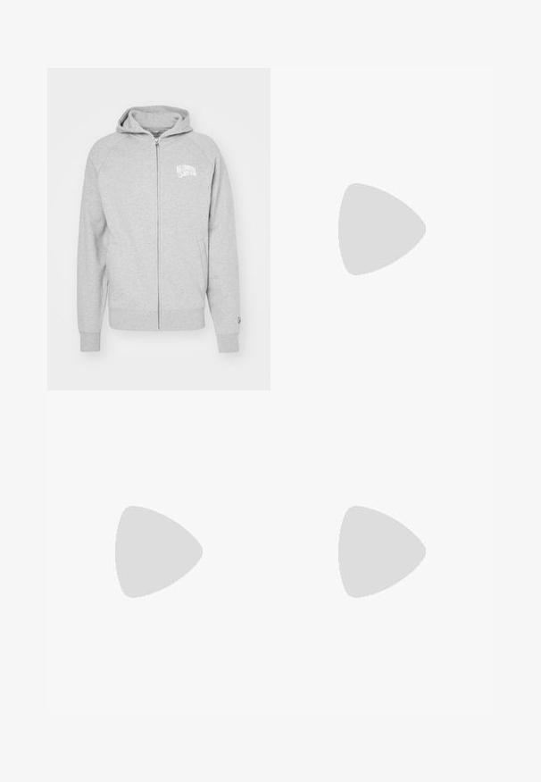 Grijze rits hoodie van zacht materiaal. Heeft een capuchon, ribgebreide manchetten en een logo-print op de linkerborst. Eenvoudig, casual ontwerp.; A-COLD-WALL* VERGE - T-shirt print - brown; Donkergrijze cargo broeken met rechte pijpen, knoopsluiting en vier klepzakken, twee op de bovenbenen en twee nabij de kuiten.; Zwarte suède sneakers met een witte rubberen zool, voorzien van tonale stiksels en een vetersluiting. Glad oppervlak met een moderne, gestroomlijnde vorm.
