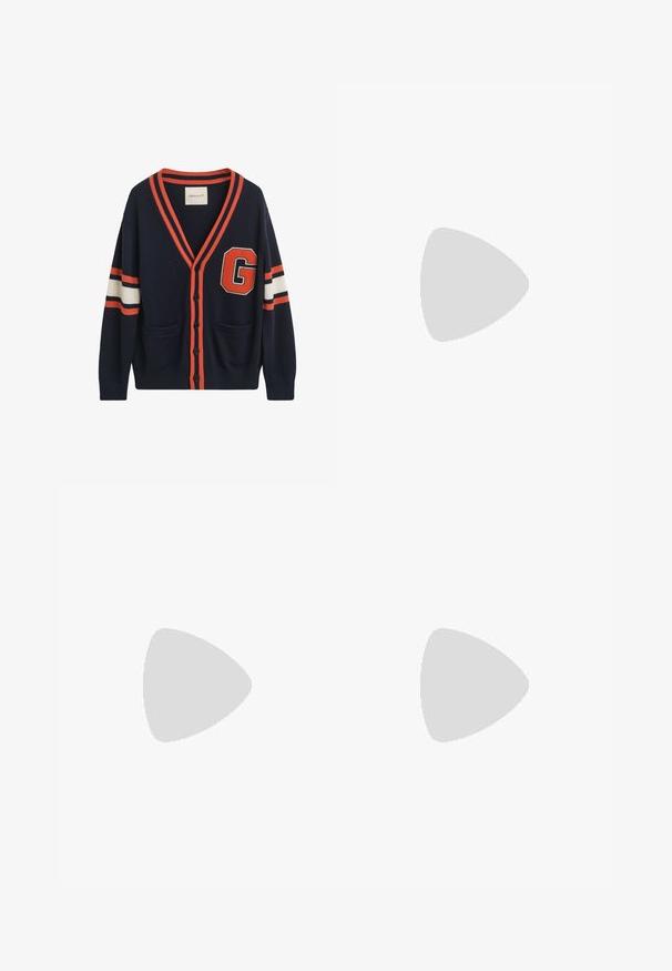 Navy cardigan made of knitted fabric, featuring orange and white stripes on sleeves, a large "G" patch, and two front pockets.; Light blue button-up shirt made of smooth cotton with long sleeves and a pointed collar, paired with dark gray tailored pants.; PULL&BEAR DARTED - Trousers - taupe; White leather sneaker with beige accents, round toe, flat sole, and beige laces. Features debossed "GANT" logo on the side and heel.; Navy blue tie with a textured, woven finish and a tapered end. The material appears soft yet durable, suitable for formal occasions.
