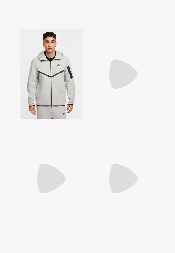 Gray zip-up hoodie with black accents, featuring a kangaroo pocket, adjustable hood, and Nike logo on the chest and sleeve. Smooth texture.; Black cotton t-shirt with a round neckline and short sleeves. Features a pink Nike logo on the upper left side. Smooth texture.; Black sweatpants with elastic cuffs, drawstring waistband, and side cargo pockets. Smooth fabric with no visible patterns or hardware.; Black Nike sneaker with grey accents, suede and mesh materials, textured sole, narrow shape, and classic lace-up design.