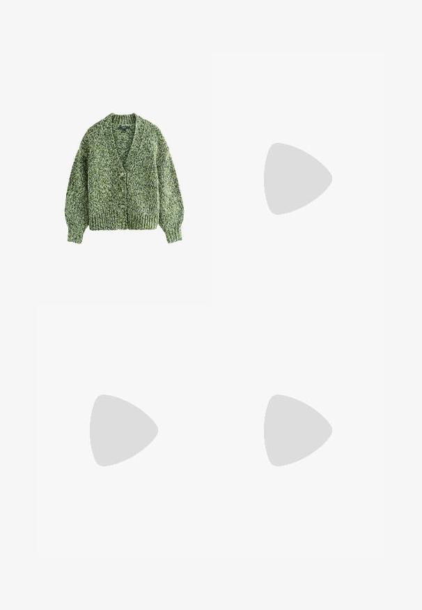 Grøn strikket cardigan med en dyb V-udskæring, store knapper og puffede ærmer. Teksturen er tykk og hyggelig med et blandet garnmønster.; Hvid kortærmet t-shirt med en kvinde med sort hår iført solbriller, som holder en blomsterkop, dekoreret med grønne blade og pink blomster.; Beige strikket kortærmet top kombineret med en lang, flowy cremefarvet nederdel med lodrette plisseringer og en glat tekstur.; Gul gummiklump med en glat overflade, åben bagpå og en tyk, tekstureret sål med vandrette riller. Designet til komfort og holdbarhed.