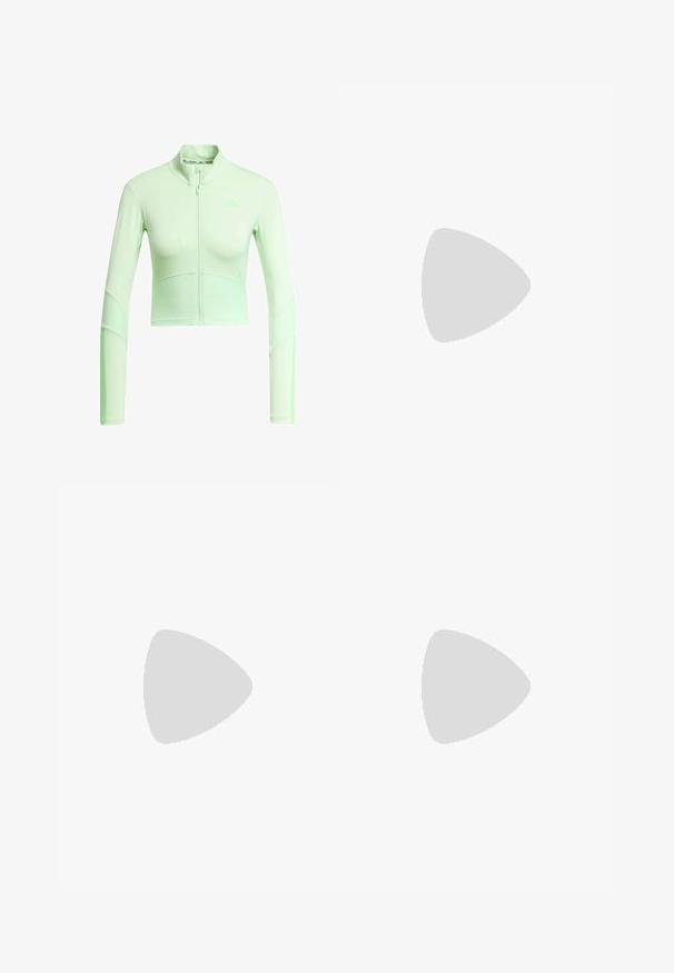 Chaqueta deportiva corta de color verde claro con cuello alto y mangas largas, que presenta una textura acanalada y un sutil detalle de logo. Cierre de cremallera en la parte delantera.; Camiseta atlética de manga corta, gris oscuro con textura perforada. Presenta un logo blanco y rayas laterales en contraste. Escote redondeado.; ASICS METARUN SPLIT SHORT - Pantalón corto de deporte - wave teal; Zapatilla deportiva negra con franjas blancas, parte superior de malla, suela acolchada y un diseño elegante. Acentos en gris en el talón y la lengüeta.