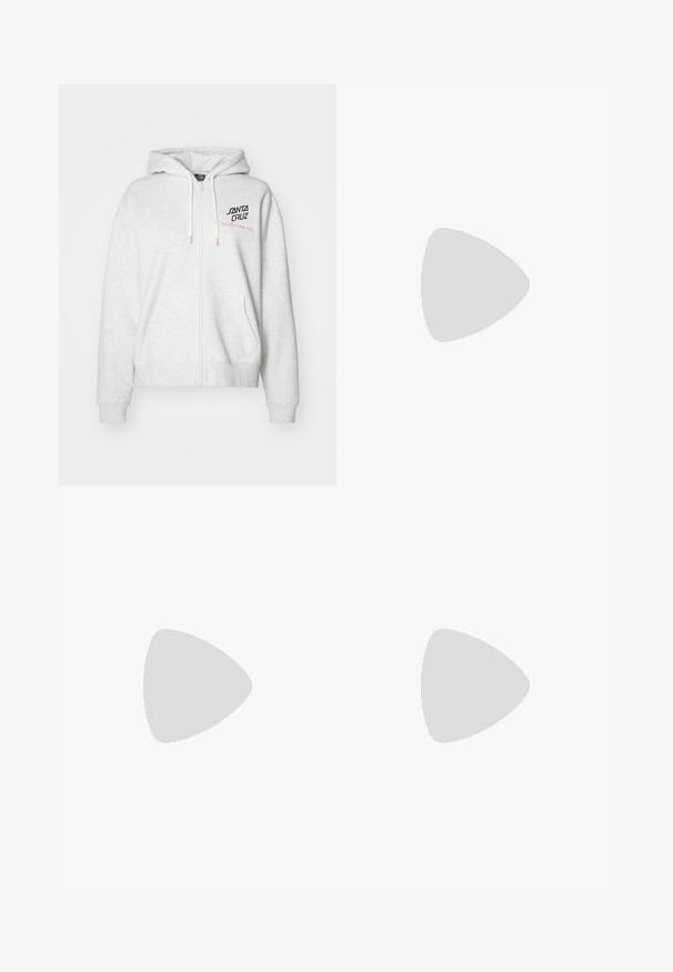 Lichtgrijze zip-up hoodie gemaakt van zachte stof. Beschikt over een capuchon met aantrekkoorden, zijzakken en "SANTA CRUZ Skateboards" geborduurd op de borst.; Zwarte lange mouw top met een ribbelstructuur, hoge halslijn en een klein geborduurd logo op de linkerborst. Beschikt over een aansluitend cropped ontwerp.; Witte, taps toelopende sweatpants van zachte stof met een elastische tailleband en manchetankels. Voorzien van zijzakken voor extra gemak.; Zwarte suède sneakers met witte stiksels en een kenmerkende zijstrip, voorzien van een tan rubberen zool en een low-top ontwerp. Geknoopt met zwarte veters.