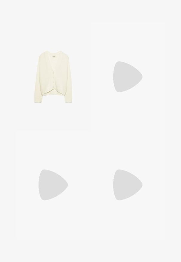 Biała krótka kardigan, dzianinowa tekstura, dekolt w serek, pięć guzików z przodu, prążkowane wykończenia na mankietach i dołach. Miękki materiał, casualowy styl.; Czarny krótki top z długim rękawem, okrągłym dekoltem, gładkim wzorem i lekko zaokrąglonym dołem.; Czarne spodnie o prostym kroju, z przednimi kieszeniami i bocznymi rozcięciami na dole. Wykonane z miękkiego, gładkiego materiału. Odpowiednie na różne okazje.; Czarne botki za kostkę wykonane z miękkiego zamszu, z ostrym noskiem i wysokim obcasem typu stiletto. Minimalistyczny design bez widocznych elementów metalowych ani wzorów.; Czarna skórzana torebka o zorganizowanej konstrukcji, z górną rączką i złotym metalowym zapięciem z przodu. Gładka faktura, minimalne przeszycia.