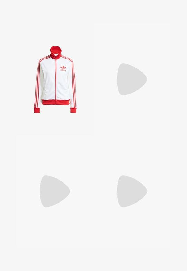 Valkoinen vetoketjullinen takki punaisilla yksityiskohdilla, jossa on korkea kaulus, kolme punaista raitaa hihoissa ja Adidas-logo rinnassa.; Valkoinen puuvillainen t-paita lyhyillä hihoilla ja pyöreällä kaula-aukolla. Rinnassa musta Adidas-logo ja erottuva musta sisäkaulus.; Harmaat urheiluhaalarit punaisilla sivuvalkeilla, elastinen vyötärö, suora leikkaus, polyesterimateriaali, jossa on Adidas-logo alhaalla.; Valkoiset tennarit, joissa on vaaleansiniset raidat, kumipohja ja nauhakiinnitys. Varustettu kultaisella logolla ja sileällä nahkamaisella pinnalla.