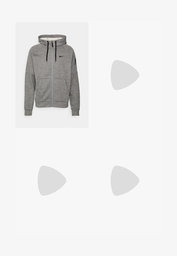 Grå hettegenser med glidelås laget av teksturert stoff, med hette, svarte snorer, frontglidelås og sidelommer. Har en liten svart logo.; ICANIWILL MIRAGE MEN - T-skjorte til trening - black; Svart joggebukser laget av mykt stoff, med elastisk midje med snor, elastiske mansjetter og en liten logodetalj på siden.; Svart løpesko med en blanding av mesh og syntetiske materialer, chunky såle, buet design og fremtredende merkevare på siden.