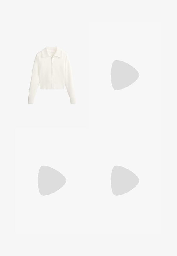 Bílý zkrácený svetr se zipem vpředu, s špičatým límcem, žebrovanými manžetami a texturovanou tkaninou. Jednoduchý a minimalistický design.; Bílý krátký rukáv tričko s kulatým výstřihem a nabraným detailem vepředu, s cropped lemem a hladkou, měkkou texturou látky.; Hnědé, přiléhavé legíny vyrobené z elastického, lehkého materiálu s hladkým povrchem a vysokým pasem, navržené pro pohodlí a pohyblivost.; Lehká sneakerka s vrchní částí z prodyšné síťoviny a semiše v jemných krémových tónech, s masivní podrážkou a trojrozměrnými akcenty.