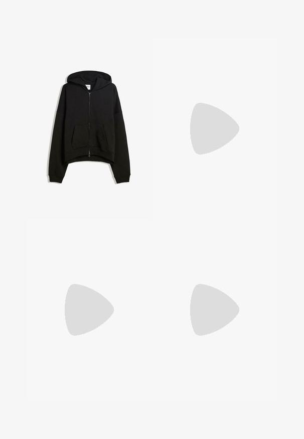 Black zip-up hoodie made of cotton blend, featuring a large hood, front pocket, and ribbed cuffs with a cropped design.; Short-sleeve white t-shirt made from soft cotton. Crew neck design with a relaxed fit. No visible patterns or graphics.; Black wide-leg trousers crafted from smooth fabric, featuring front pleats, a button closure, and a tailored design for a structured silhouette.; White athletic shoes with black accents, featuring a rounded toe, elastic straps, and textured rubber sole. Puma logo on the front.; Black sunglasses with oval lenses, glossy plastic frame, and slender arms. Features Ray-Ban logo in white on the side.; Black leather crossbody bag with a rectangular shape, adjustable strap, smooth texture, minimalistic design, and subtle embossed brand logo.
