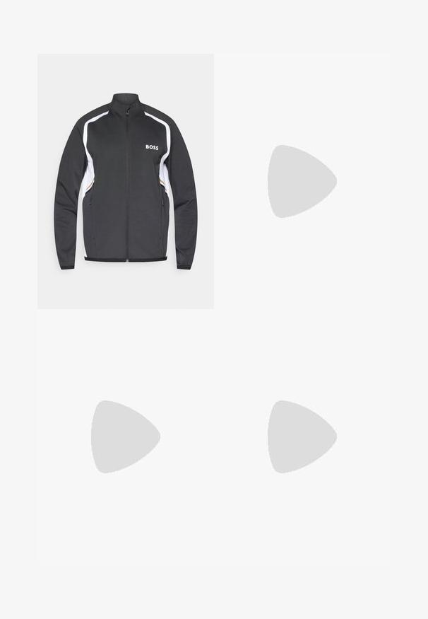 Μαύρο αθλητικό μπουφάν με λευκές λεπτομέρειες, ψηλό γιακά και μπροστινό φερμουάρ. Διαθέτει το λογότυπο "BOSS" στο αριστερό στήθος και πλαϊνές τσέπες.; Μωβ αθλητικό κορμάκι με γεωμετρικό σχέδιο, σχέδιο v-neck και αναπνεύσιμη υφή από διχτυωτό ύφασμα. Περιλαμβάνει ένα μικρό λογότυπο στο μπροστινό μέρος.; Λευκοί αθλητικοί σορτς από ελαφρύ ύφασμα με ελαστική μέση, διαθέτοντας δύο πλαϊνές τσέπες και ένα μικρό μαύρο λογότυπο στο στρίφωμα.; Λευκό αθλητικό παπούτσι με ναυτικές λεπτομέρειες, αναπνεύσιμο άνω μέρος, υφασμένο πέλμα και ανοιχτό μπλε τακούνι, με κομψό, σύγχρονο σχέδιο.