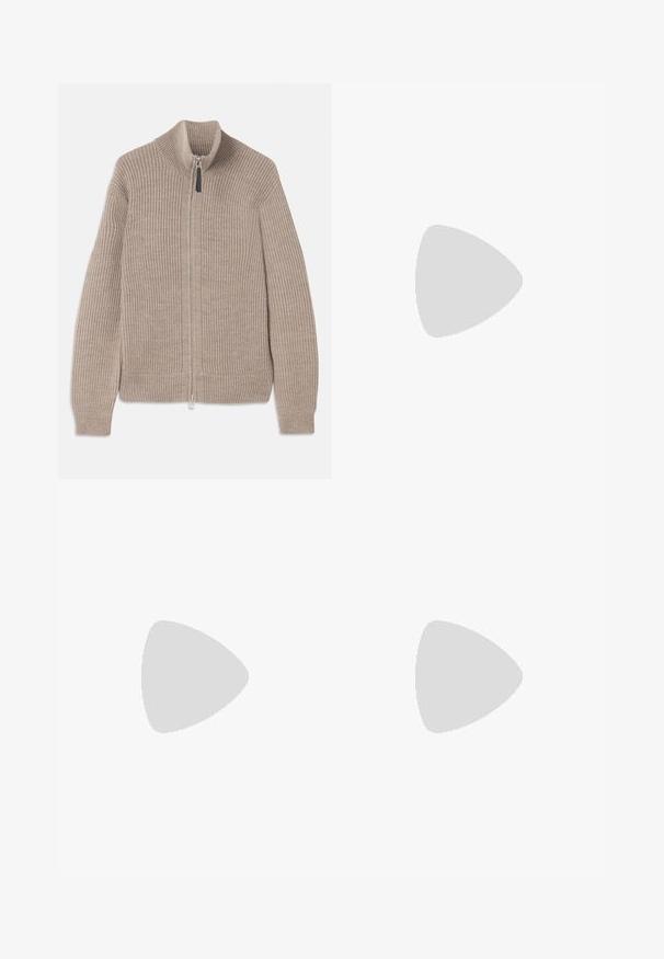 Beige knitted zip-up sweater with ribbed texture, high collar, and long sleeves. Features a metallic zipper and no additional patterns.; Gray short-sleeve T-shirt made from soft, textured fabric. Features a classic crew neck and a straight hem, suitable for casual wear.; Blue denim trousers with a straight-leg design, featuring a high waist, front pleats, and a classic button closure. Smooth texture.; Black leather loafers with a smooth texture, rounded toe, and a decorative strap across the vamp. Low stacked heel, minimalist design.