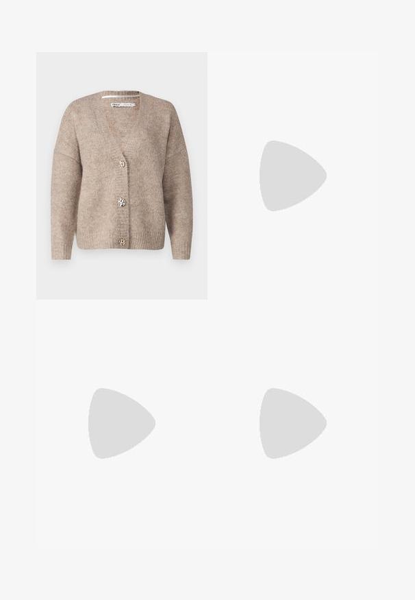 Beige cardigan with a v-neck, long sleeves, and three decorative buttons featuring a leopard pattern. Soft knit texture throughout.; Long-sleeve, ribbed knit top in off-white, featuring a ruffled high neckline and cuffs. Smooth texture with a fitted silhouette.; Black wide-leg pants made of a smooth fabric, featuring a flat front, belt loops, and no visible pockets. Clean, tailored design.; White sneaker with red suede stripes, blue suede heel accent, and a textured brown rubber sole. Features lace-up closure and logo.; Gold hoop earrings with a smooth, shiny finish. Circular design featuring a small post and clear backing for secure wear.