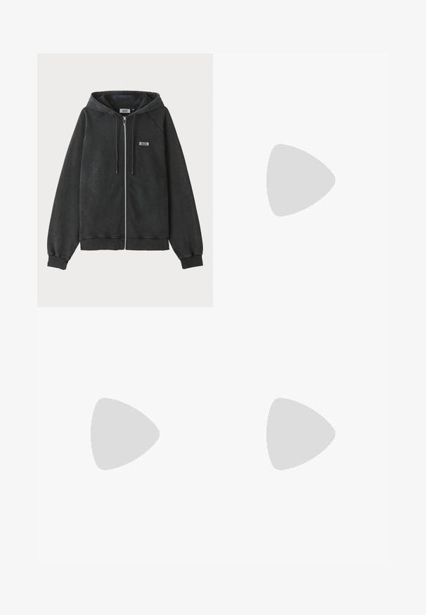 Black zip-up hoodie with a drawstring hood, raglan sleeves, and ribbed cuffs. Features a small logo patch on the chest. Soft, textured fabric.; Black short-sleeve t-shirt, featuring a white graphic of horizontal stripes with the number 6 and text, crew neck design, cotton material.; DSQUARED2 ICON EROS - Relaxed fit jeans - navy blue; Black sneaker with leather and suede materials, round toe, beige laces, a gum rubber sole, and side perforations for breathability.