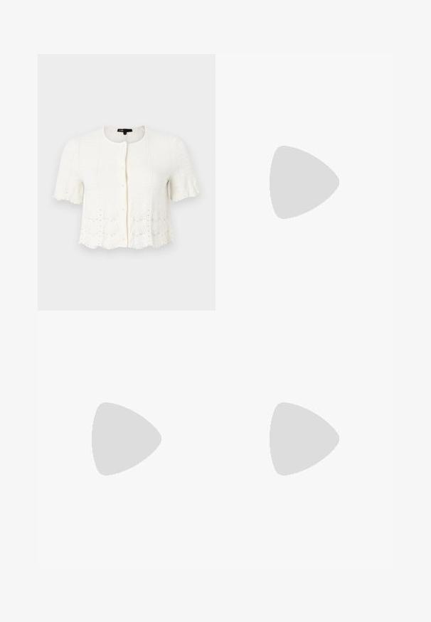 Fehér, rövid ujjú kardigán, texturált kötött mintával, fodros alsó résszel, és gyöngy díszítésekkel az alsó szélen és az ujjaknál. Elöl gombos záródás.; Fehér, rövid ujjú blúz magas gallérral és V-kivágással. Simá szövetből készült, egyszerű, minimalista dizájnnal.; Rövid fehér szoknya texturált mintával, két elülső zsebbel és díszítő aranyszínű gombokkal. Rugalmas derékpánt a kényelem érdekében.; Bézs színű magassarkú szandál fonott textúrával, díszítő virággal és bokapánttal. A négyzet alakú sarok stabilitást biztosít.