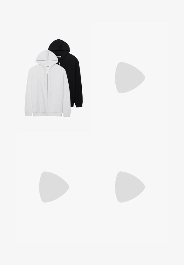 Deux sweat-shirts zippés en noir et blanc, dotés de capuches à cordons de serrage, de poches kangourou, de poignets côtelés et d'une texture de tissu douce.; Ensemble de trois t-shirts basiques en noir, blanc et gris clair. Manches courtes, col rond, fabriqués en coton lisse. Logo de la marque visible.; Pantalons jaunes clairs, amples, en tissu doux, avec une taille élastique avec cordon de serrage et jambes droites.; Chaussures de sport noires avec une tige en maille, semelle en caoutchouc et accents réfléchissants. Dotées d'une semelle rembourrée et d'un design à lacets.