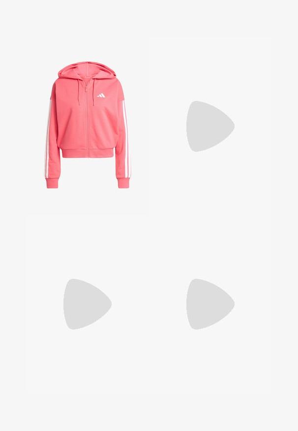 Roosa tõmblukuga kapuutsiga dressipluus, mis on valmistatud pehmest kangast. Omab kapuutsi, valgeid kolme triibu aktsente varrastes ja väikest valget logo rinna peal.; Valge lühike topp, mis on valmistatud pehmest kangast, ümmarguse kaelusega ning musta Adidas'i logoga ees. Sile tekstuur, ilma varrukateta kujundus.; Punased spordilühikesed, millel on kõrge talje, valmistatud venivast materjalist, mustade külgtriipudega ning allnurgas on smaragdine logo.; Beige spordijalanõud roosa kolme triibu logoga, tekstureeritud võrkkangas peal, polsterdatud sääreosa ja valge kummist tallaga, kus on "LIGHTSTRIKE" bränd.