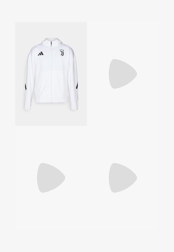 Weißes Sportjackett mit durchgehendem Reißverschluss, Kapuze und schwarzen Akzenten, mit Adidas-Streifen und einem Juventus-Logo auf der Brust.; Schwarzes ärmelloses Basketballtrikot mit weißen Akzenten, V-Ausschnitt-Design, mit dem Adidas-Logo zentriert auf der Brust. Glatte Textur.; Schwarze Sporthosen mit lockerer Passform, versehen mit weißen Seitenstreifen, einem Kordelzugbund und zwei Seitentaschen. Hergestellt aus weichem Stoff.; Weiße Sportschuhe mit einem strukturierten Mesh-Obermaterial, einer stützenden gepolsterten Sohle und einem drei Streifen-Design an der Seite.