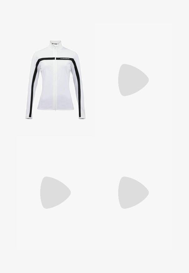 White athletic jacket with stand-up collar, black zip and shoulder stripes, and logo. Smooth texture and fitted design with long sleeves.; White polo shirt with short sleeves, a collar, and front button placket. Black accents on sleeves and side seams. Soft, smooth texture.; Navy ski pants made of stretchy fabric with a high waistband, zippered pockets, and padded knee accents for enhanced protection.; White athletic shoes with a textured mesh upper, silver accents, and a lightweight sole featuring small traction studs, labeled "ULTRA FLIGHT."