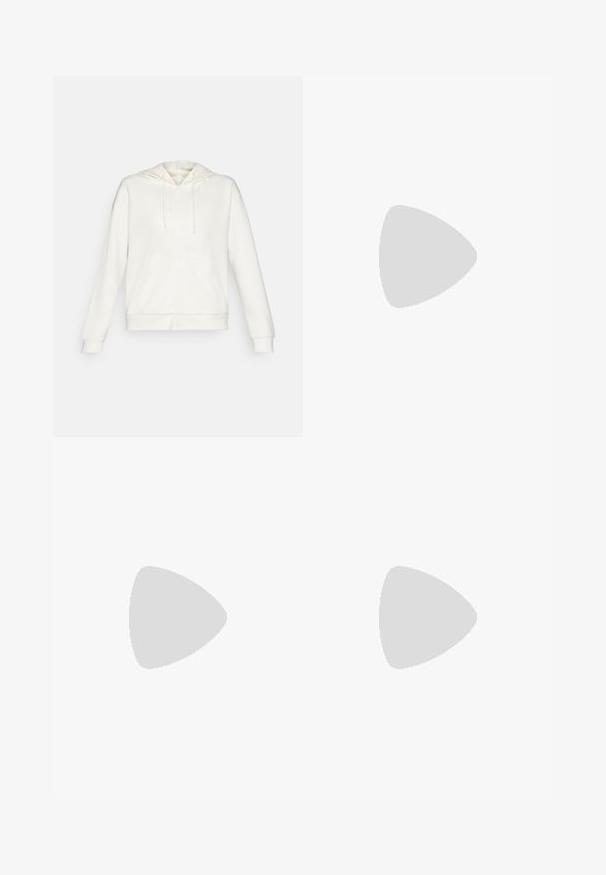 Hvit hettejakke med glidelås, snorhette, sidelommer og ribbestrikkede mansjetter. Mykt materiale med en glatt tekstur og enkelt design.; Kortermet, cropped topp i lys beige ribbet stoff. Har en vid scoop-hals og en tettsittende passform som fremhever en jevn tekstur.; Hudfargede leggings med en teksturert diamantmønster og en høy elastisk linning for ekstra støtte og komfort.; Hvite joggesko med et strukturert mesh-overdel, polstret krage og tykk såle. Har en logo på siden og snøring.