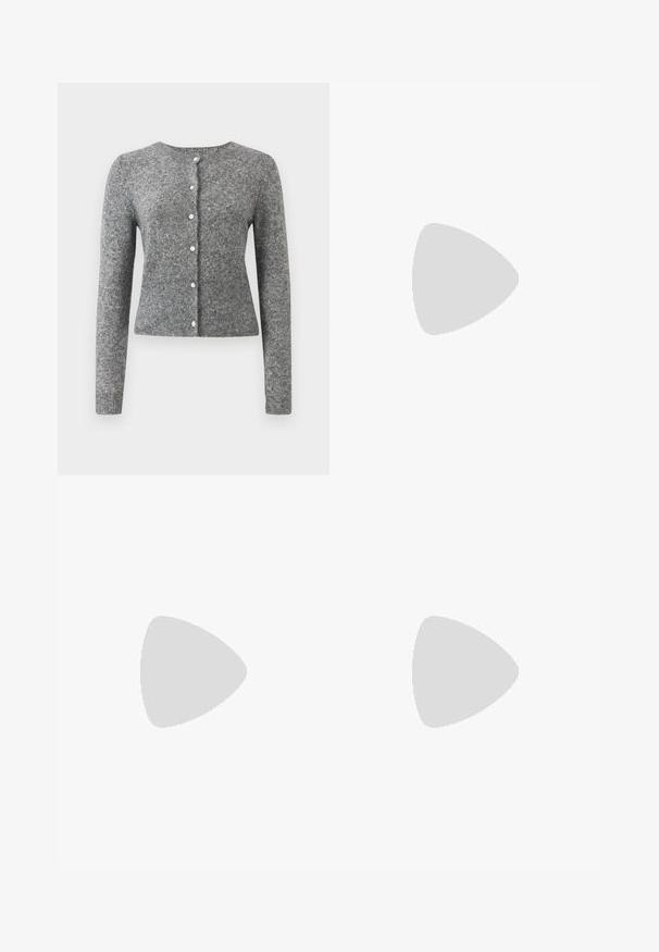 Gray knit cardigan with long sleeves, round neckline, and six button placket. Features a ribbed hem and texture throughout the fabric.; White long-sleeve ribbed top featuring a round neckline and small black "GAP" logo at the center. Soft, stretchy fabric with a fitted design.; Brown cotton A-line skirt with a high waist, featuring pleats down the front and a smooth texture. Hem finishes are clean and simple.; White athletic shoe with mesh upper, navy accents, and cushioned sole. Features "N" logo, laces, and textured detail on side.