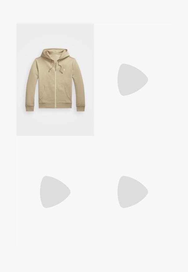 Polo Ralph Lauren FULL ZIP HOODIE - Jaka ar rāvējslēdzēju - classic khaki; Polo Ralph Lauren Big & Tall FEATHERWEIGHT MESH SHIRT - Krekls - adirondack heather; Bežīgas bikses ar savilktām auklām, elastīgu jostu, platām kājām, divām sānu kabatām un ar šūtām apmalēm. Mīksta, viegla auduma.; Bēša zamšāda sporta apavi ar zemu profilu, apaļu purngalu un bēšām auklām. Aprīkoti ar baltu gumijas zoli un diskrētu zīmolu apzīmējumu sānos.