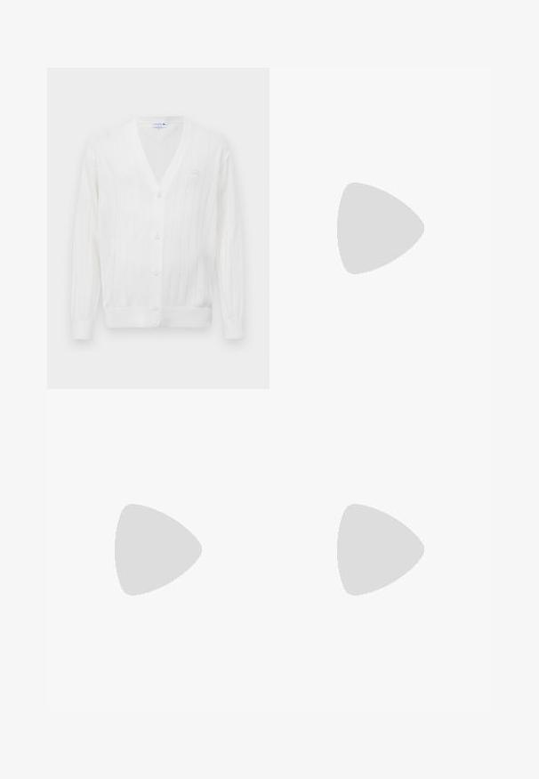 White knitted cardigan with a v-neck, ribbed texture, five buttons down the front, and a small embroidered logo on the left chest.; White knitted polo shirt with short sleeves, featuring a subtle ribbed texture, three button placket, and a small logo on the chest.; Light brown, pinstriped shorts with a straight cut. Features a front zipper, two side pockets, and a metal button closure.; Black leather loafers feature a raised seam, two decorative straps on the upper, and a thick textured sole for added grip.