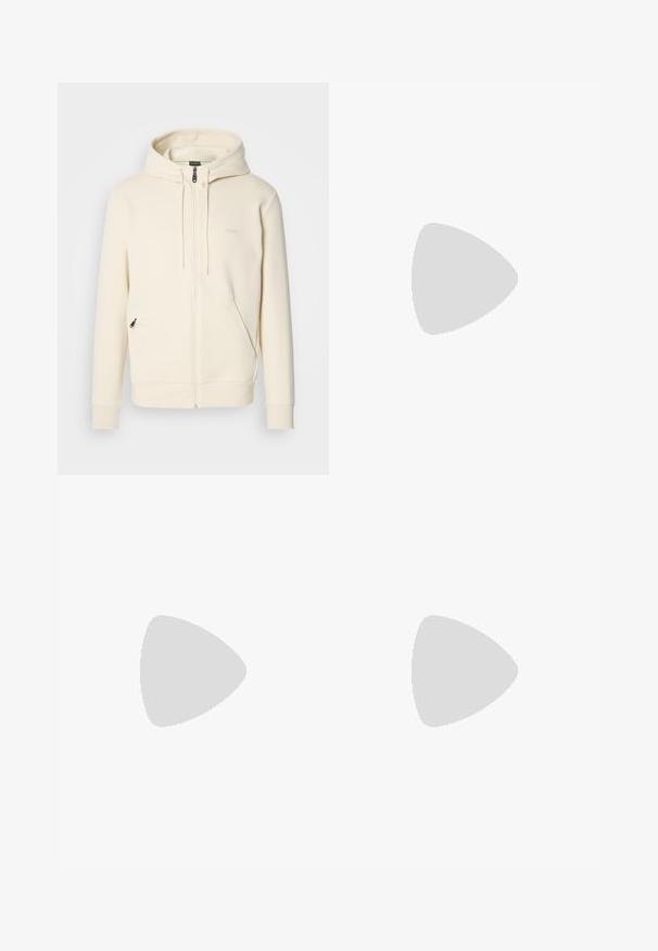 Kremfarget zip-up hettegenser med snor, ribbestrikkede mansjetter, to frontlommer med glidelås og subtil "BOSS"-logo på brystet.; BOSS TEE - T-shirts - open white; Lyseblå bomullsbukser med rett snitt, frontlukking med knapper og sidelommer. Glatt tekstur og minimal sømdetaljer.; Beige semsket sportsko med hvite detaljer, sort gummisåle, rund tå og flate snøringer. Har gullmerke på tungen og siden.