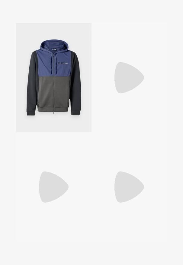 Hooded zip-up sweatshirt met een marineblauw borstpaneel en een donkergrijze body. Gemaakt van een gladde stof met geribde manchetten en zoom. Logo op de borst.; Lichtblauw katoenen T-shirt met een ronde hals, korte mouwen en een klein "TIGER OF SWEDEN" logo op de linkerkant van de borst. Gladde textuur.; Marineblauwe corduroy shorts met een elastische tailleband, verstelbare trekkoord en gouden metalen aglets. Beschikt over een zachte textuur en rechte snit.; Witte sneakers met een textuur van leerafwerkingen, een ronde neus en een zwarte hielaccent. Rubberen zool met een klein profiel en gestikte details.