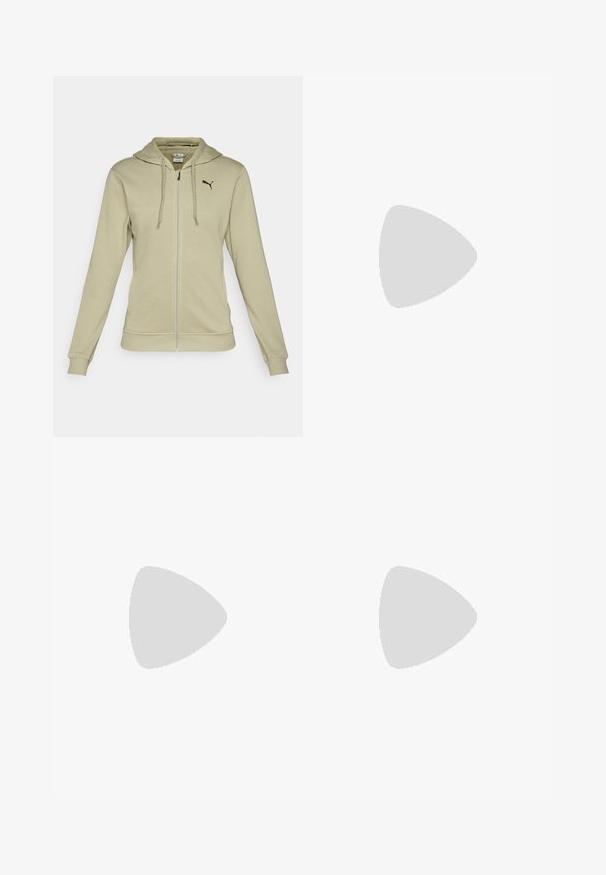 Kerge oliivroheline tõmblukuga kapuutsiga jakk, mis on valmistatud pehmest kangast, millel on känguru tasku, soonikkoes varrukad ja must Puma logo rinnal.;  must have ribidega crop-top kõrge kaelusega ja laia käeaukudega, pehme ja veniv kangas mugavuseks ning sujuv disain.; Mustad mustad jalgrattapüksid kõrge vöökohaga, valmistatud elastsetest, pehmest kangast. Omab lameõmblusi ja sujuvat tekstuuri mugavuseks.; Mustad mustand sneakers koos võrkpealsega, kollaste aktsentidega ja valge vaheosaga. Omab sujuvat disaini ja kummist välispinda haarduvuse tagamiseks.