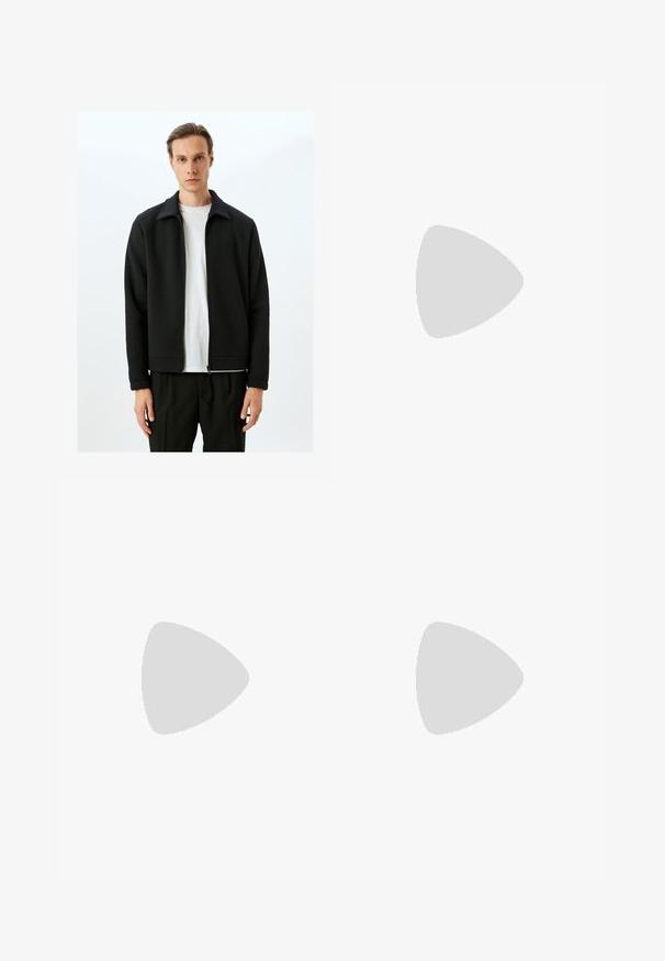 Schwarze Zip-Jacke mit Stehkragen, aus strukturiertem Stoff. Das Design bietet eine gerade Passform und Rippbündchen, getragen über einem weißen Hemd.; Braun-grün kariertes Hemd mit langen Ärmeln und einem kleinen orangefarbenen gestickten Logo auf der linken Brust.; Schwarze Hosen aus glattem Stoff, mit geradem Schnitt, zwei vorderen Taschen und einem Reißverschluss mit Knopfverschluss.; Ein Paar dunkelbraune Wildleder-Mokassins mit schwarzen Sohlen, die über ein klassisches Penny-Riemendetail verfügen, auf einem weißen Hintergrund präsentiert.