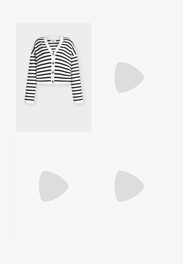 Stripete cardigan i hvitt og marineblått, kort design, V-hals, lange ermer, front med fem knapper i rund, tanfarget stil. Myk tekstur.; Hvit t-skjorte med korte ermer og rund hals, avslappet passform, laget av myk bomull. Glatt tekstur, uten mønstre eller logoer.; Svart kordfløyelskjørt med plisserte detaljer, med rett snitt, teksturert overflate og en linning for en sikker passform.; Sorte skinn kneehøye støvler med en kraftig såle, designet med en glatt tekstur, rund tå og minimalistisk silhuett.; Gullfargede øreringer med en blanding av geometriske former: en firkant, sirkel og sammenkoblede ovale design med en polert finish.