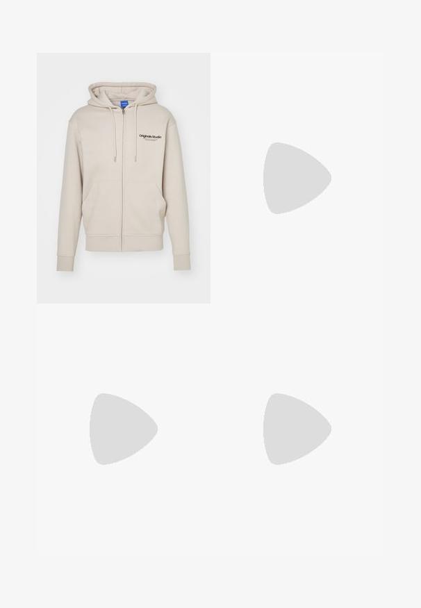 Sweatshirt beige zippé avec capuche à cordon, deux poches avant, poignets côtelés et logo "Originals Studio" sur le coin supérieur gauche. Texture lisse.; T-shirt noir en coton à manches courtes. Présente un logo "ROOTS" vert sur le devant, un col rond et une coupe standard.; Pantalons cargo gris foncé en tissu durable, avec une coupe droite, cinq poches et une fermeture à bouton à la taille.; Baskets en cuir avec un schéma de couleurs noir et crème, dotées d'accents perforés, d'un col rembourré et d'une semelle texturée.