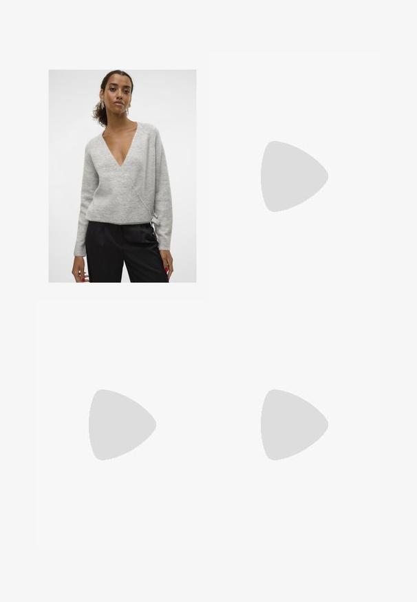 Light grey wrap sweater with a deep V-neck, long sleeves, and a textured knit. It features a tie detail at the waist.; White short-sleeve t-shirt made from cotton, featuring decorative lace trim along the sleeves and a round neckline.; Cream-colored wide-leg denim pants with a high waist, featuring two front pockets and a single button closure. Textured cotton fabric.; White high-heeled sandal with a chunky heel, featuring a strappy design and ankle tie. Smooth texture with a platform front for added height.