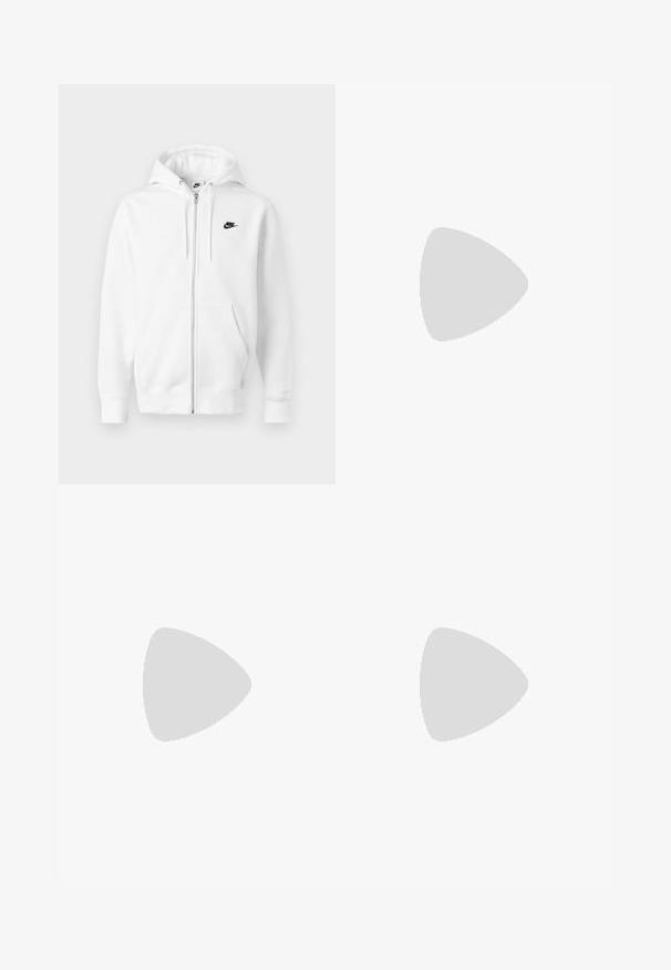 Balta džemperis ar rāvējslēdzēju, izgatavots no mīkstas audumas, ar melnu Nike logotipu kreisajā krūtī un divām priekšējām kabatām. Regulējama kapuce ar virvēm.; Balta kokvilnas T-krekls ar apaļu kaklu, īsām piedurknēm un melnu Nike logo kreisajā krūtīs. Vienkāršs, viendabīgs dizains.; Baltas sporta bikses ar elastīgu jostu un auklu. Kreisajā augšstilbā ir melns Nike logo. Bikses beidzas ar elastīgām aprocēm. Mīksta auduma tekstūra.; Baltas Nike Air Max 90 kedas izceļas ar gludu ādas un sieta augšdaļu, perforētu apdari, mīkstu zoli un redzamu gaisa vienību komfortam.