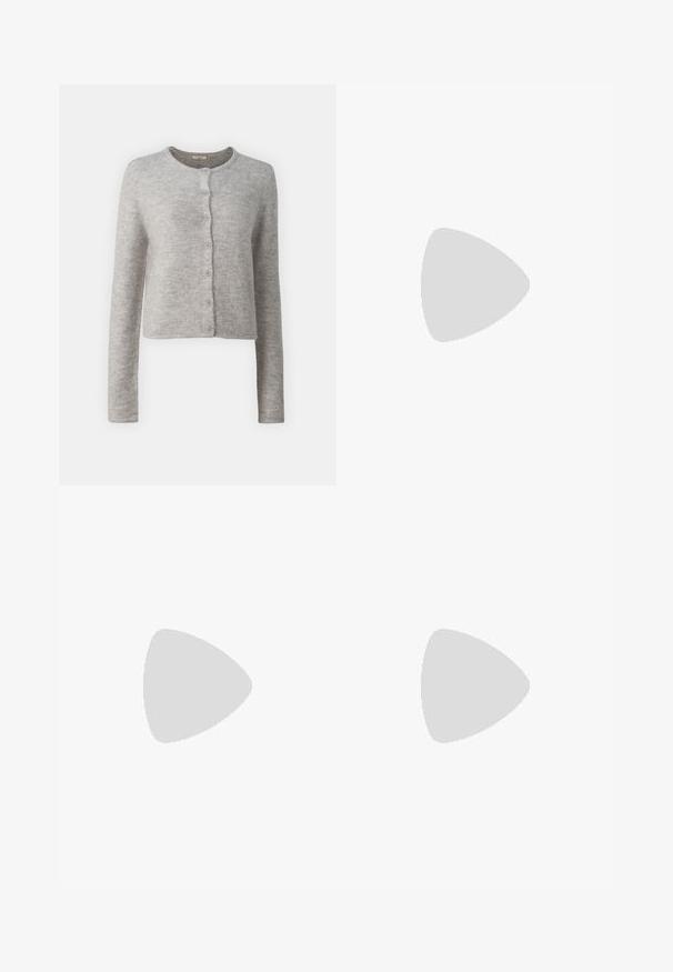 Gina Tricot CARDIGAN - Kardigan - light grey melange; Bílý žebrovaný tílko s kulatým výstřihem a bezramínkovým designem, s rovnými lemy a hladkou, elastickou strukturou.; Šedé džíny z denimu se střihy rovnými nohavicemi, s poškozenou úpravou, pěti kapsami a měděnými nýtky. Pasová část obsahuje logo štítek.; Sportovní boty s bílým koženým svrškem, šedou semišovou špičkou a třemi černými pruhy. Obsahují modré logo na jazyku a texturovanou gumovou podrážku.