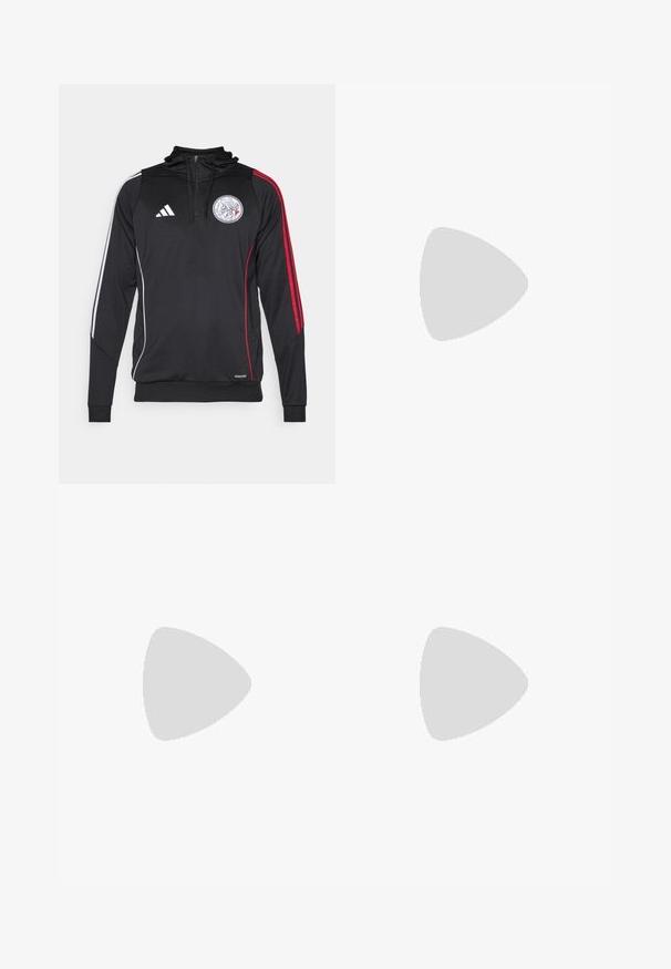 Schwarzer Pullover-Hoodie mit hohem Kragen, versehen mit weißen und roten gestreiften Akzenten, einem Emblem auf der Brust und einem Reißverschluss am Hals.; Schwarzes Baumwoll-T-Shirt mit kurzen Ärmeln, Rundhalsausschnitt und einem weißen Logo auf der linken Brust. Glatte Textur und einfaches Design.; Schwarze Sporthosen mit elastischem Bund, tailliertem Design, Seitentaschen und dezenten Logo-Details. Hergestellt aus flexiblem, atmungsaktivem Material.; Schwarzer Sportschuh mit atmungsaktivem Mesh-Obermaterial, weißen Akzenten und einer gepolsterten Sohle. Mit drei Streifen-Logo an der Seite.