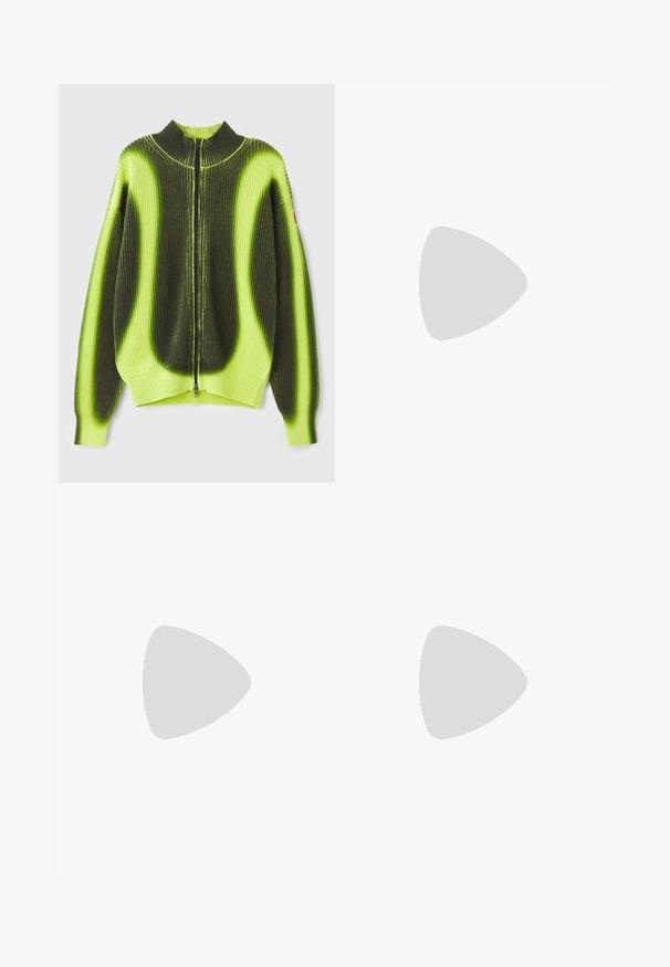 Kootud lukuga sviiter, millel on julge roheline ja musta värvi gradientdisain, ribikoe struktuur, kõrge kaelus ja eesmine lukustus. Kaunistatud mansettidega.; Valge pika varrukaga puuvillane särk, millel on nööpidega krae, üks rinnatasku ja mugav lõige. Ees on väikesed nööbid.; Heledad sinine teksad, mis on lõdva lõikega, kõrge vöökohaga, laiad sääred, klassikaline viie tasku disain ning metallist detailid.; Must musta ja hõbedane Lacoste'i tenniseking, millel on võrgutaoline ja sünteetiline ülemine osa, ümar nina, tekstuuriga tald ja bränditud detailid külgedel neutraalsel taustal.