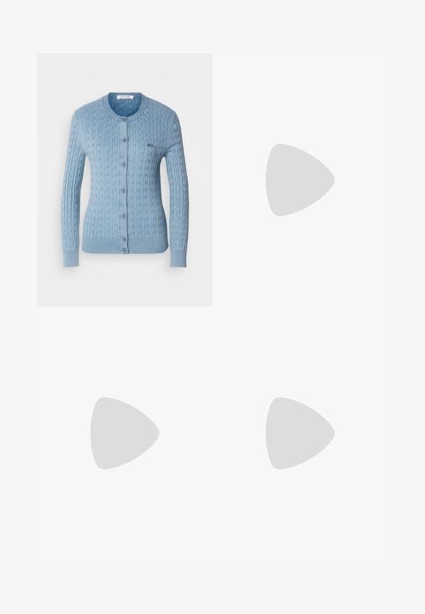 Light blue knitted cardigan featuring a cable pattern, round neck, ribbed cuffs, and a button-up front with matching buttons.; Floral print short-sleeve shirt in navy, featuring bright flowers on a dark background, round neckline, and contrasting trim along sleeves.; Navy blue pleated trousers with a high waistband, featuring a loose fit and tapered ankle. Smooth texture and minimalistic design.; Beige suede shoes with rounded toes and a low profile. Features lace-up design and stitched accents. Worn with cropped blue jeans.