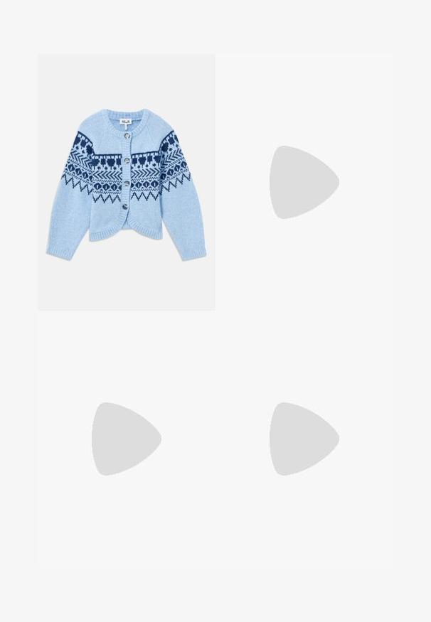 Light blue wool cardigan with dark blue geometric patterns, round neckline, long sleeves, and five button closure at the front.; White cotton t-shirt with short sleeves, round neckline, relaxed fit, and stitched hem. Label visible on the inside neck.; Black flared jeans with a high waist, made from denim. Features structured pockets and a button fastening at the front. Smooth texture.; Black leather sandal with adjustable buckle, flat tan sole, and two wide straps crossing over the foot, minimalistic design.