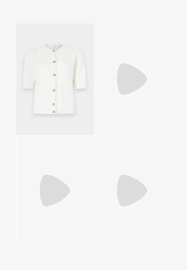 White ribbed knitted cardigan, featuring short sleeves and a round neckline, fastened with six cream-colored buttons along the front.; White short-sleeve t-shirt made of ribbed fabric. Round neckline, regular fit, and subtle stitching details. No patterns or graphics.; Knit white midi skirt featuring a textured pattern with vertical lines and cut-out details near the hem. Elastic waistband. Soft material.; Black leather ballet flat with a rounded toe, smooth texture, minimal stitching detail, and a flexible sole design.; Brown leather handbag with a flap closure, gold-tone hardware, a shoulder strap, and a smooth texture. Compact rectangular shape.