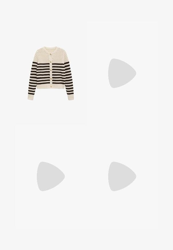 Neulecardigan, jossa on kerma- ja tummanruskeita raitoja, pyöreä pääntie, nappisuljenta sekä tekstuurinen kangas, jossa on virkattuja kuvioita.; Valkoinen poimutettu hihaton toppi, jossa on pyöreä kaula-aukko, suora helma ja sileä, joustava materiaali.; Harmaat farkut suoran lahkeen leikkauksella, kulutettu yksityiskohtia, viisi taskua ja kuparinappi. Vyötärönauha sisältää logotagin.; Urheilukengät, joissa on valkoinen nahkainen päällinen, harmaa mokkanokka ja kolme mustaa raitaa. Ominaisuuksina sininen logo kielekkeessä ja kuvioitu kumipohja.