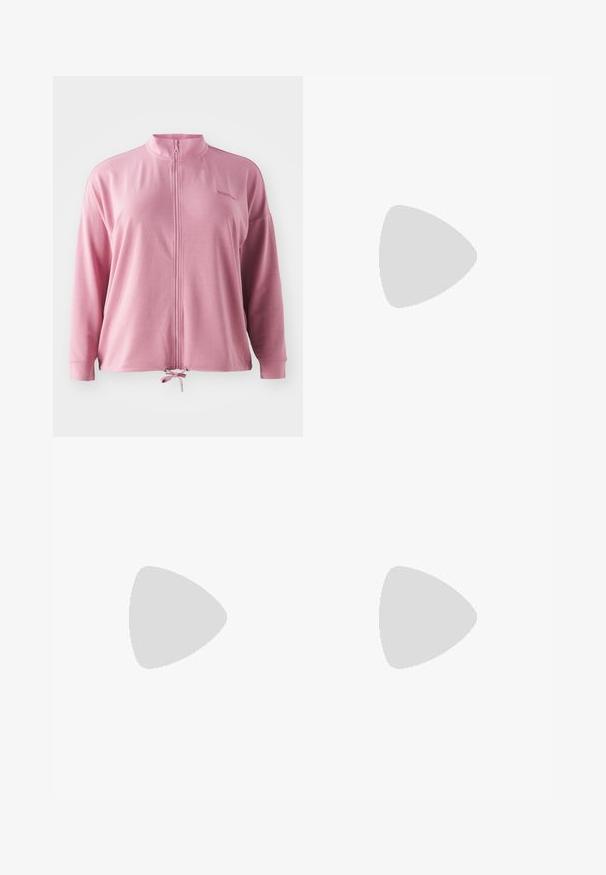 Giacca rosa con zip e colletto alto, maniche lunghe, coulisse all'orlo e ricamo del logo sobrio. Tessuto liscio e leggero.; Crop top sportivo nero realizzato in tessuto traspirante, con collo rotondo, senza maniche e logo bianco sul petto.; Pantaloni atletici neri realizzati in materiale elastico, con una vita alta, cuciture piatte e un logo Adidas discreto nell'angolo inferiore.; Scarpa da ginnastica bianca con tomaia in rete traspirante, design texturizzato e dettagli in lavanda. Presenta una suola ammortizzata con dettagli verde sulla suola.